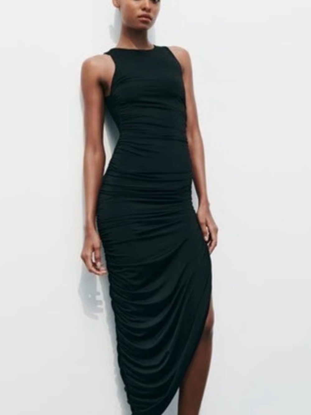 Zara Black Ruched High-Neck Midi Dress with Side Slit
